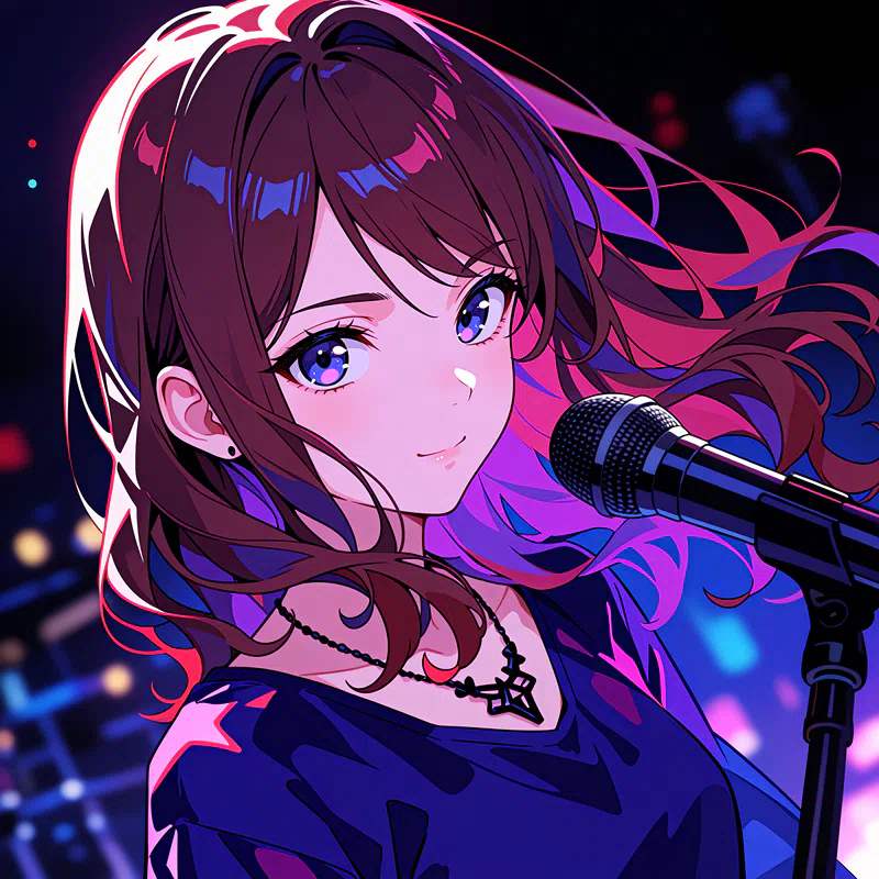 an_animated_female_character_with_long_brown_hair_and_purple_eyes_holds_a_microphone_,wearing_a_black_top_with_a_red_and_blue_design,against_a_backdrop_of_a_di_00001